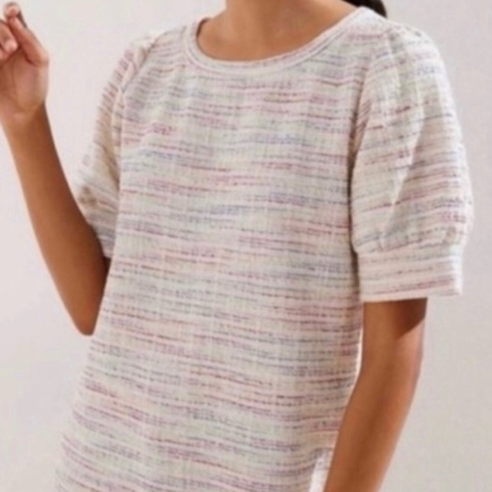 LOFT Rainbow Tweed Striped Textured Blouse Sweater Shirt Cream Pink Blue Green